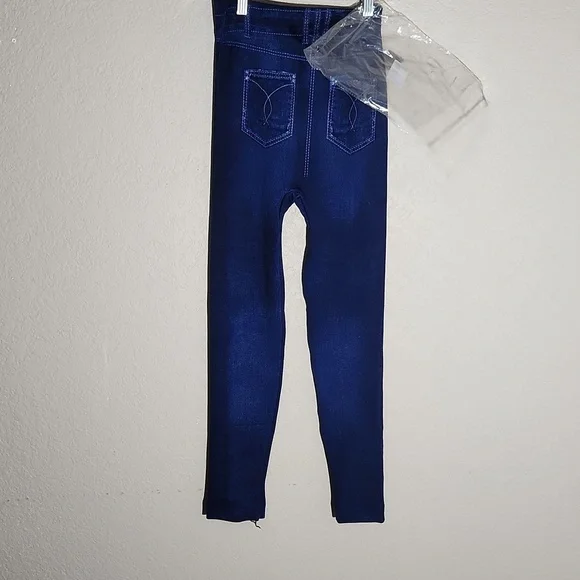 Womens Leggings Large Stretchy Blue Denim-Look Faux Pockets White Stitching - Picture 3 of 8